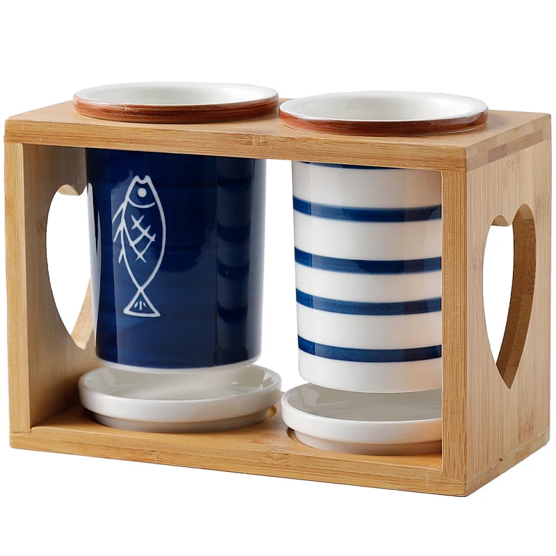 Japonês-estilo de cerâmica de bambu de madeira pauzinho titular rack de drenagem duplo barril chopstick gaiola cozinha do agregado familiar caixa de armazenamento rack