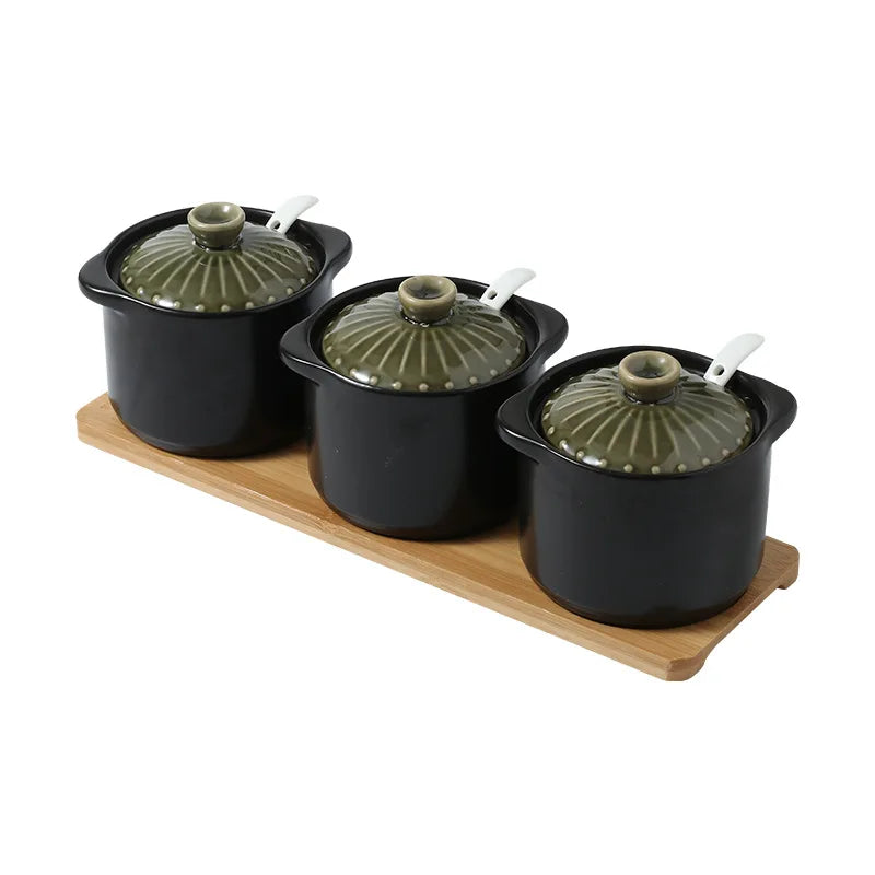 Preto cerâmica tempero tempero pote de três peças sal pimenta garrafa de cozinha recipiente de armazenamento de alimentos tigela de açúcar caixa de tempero