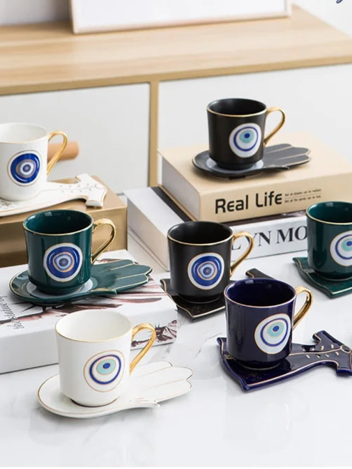 200ml olhos azuis turcos luxo xícara de café pires conjunto com mão e clothe forma prato otomano copo café cappuccino copo
