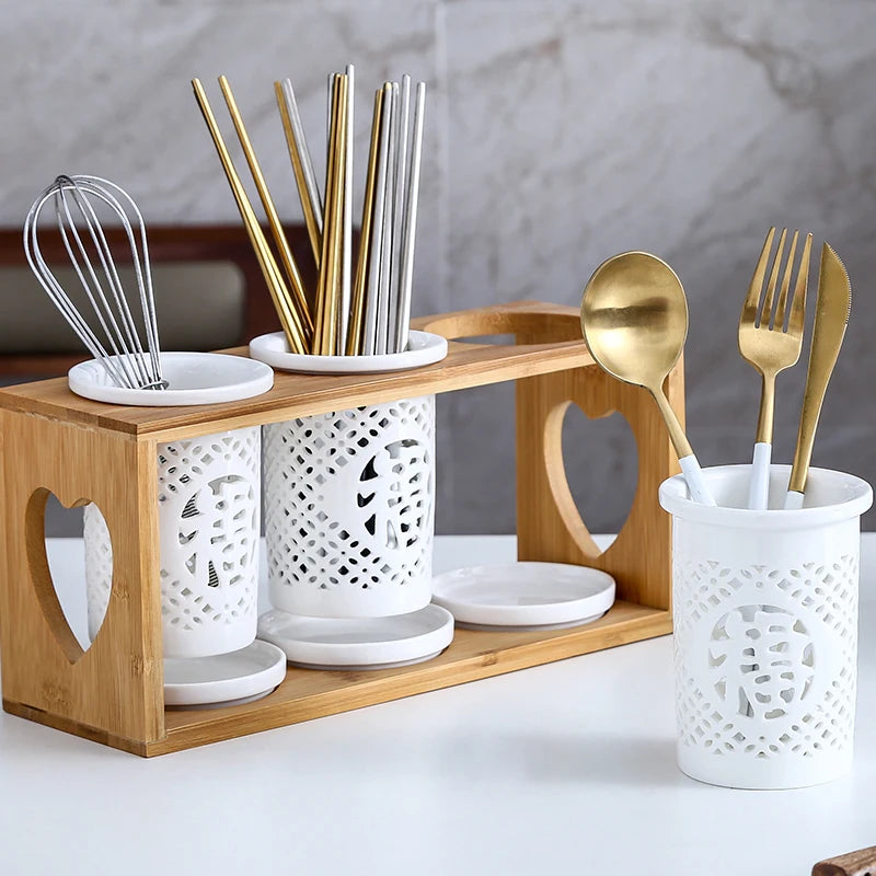 Conjunto de hashis de cerâmica, conjunto multifuncional de tubos para armazenamento de colher, hashi e garfo caixa de armazenamento de cozinha