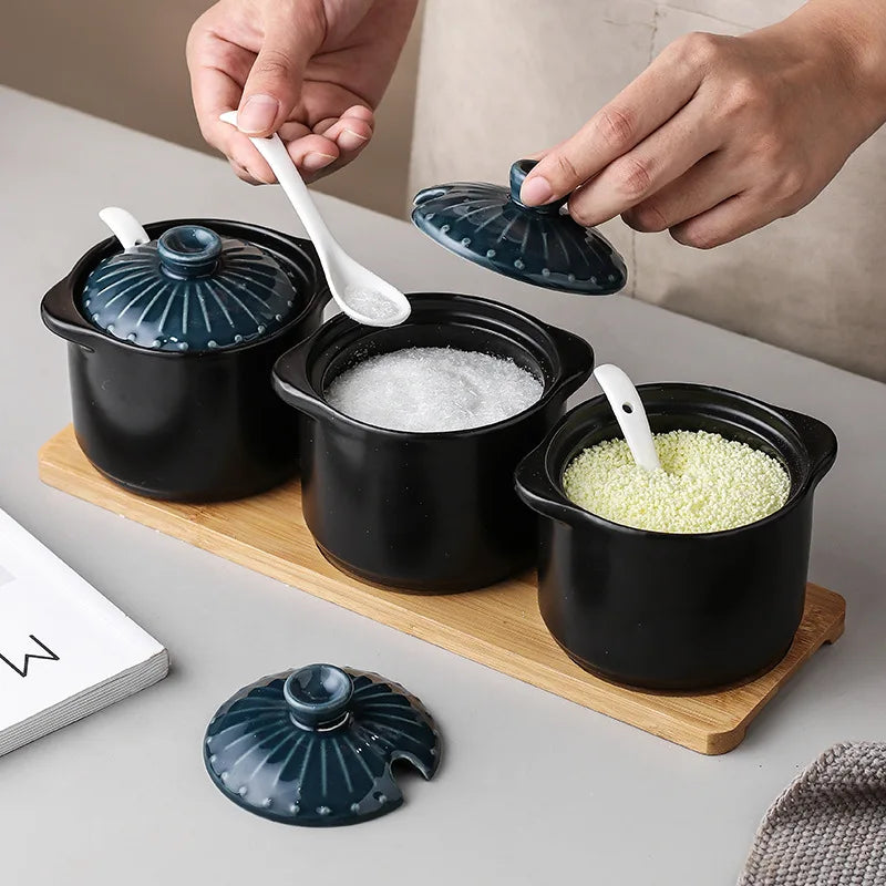 Preto cerâmica tempero tempero pote de três peças sal pimenta garrafa de cozinha recipiente de armazenamento de alimentos tigela de açúcar caixa de tempero
