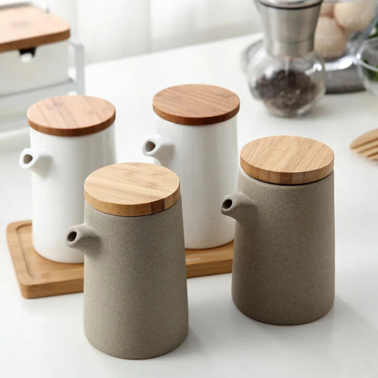 Frasco de tempero de cerâmica nórdico, molho de soja, bandeja de madeira, vinagre, conjunto doméstico de cozinha, suprimentos de combinação