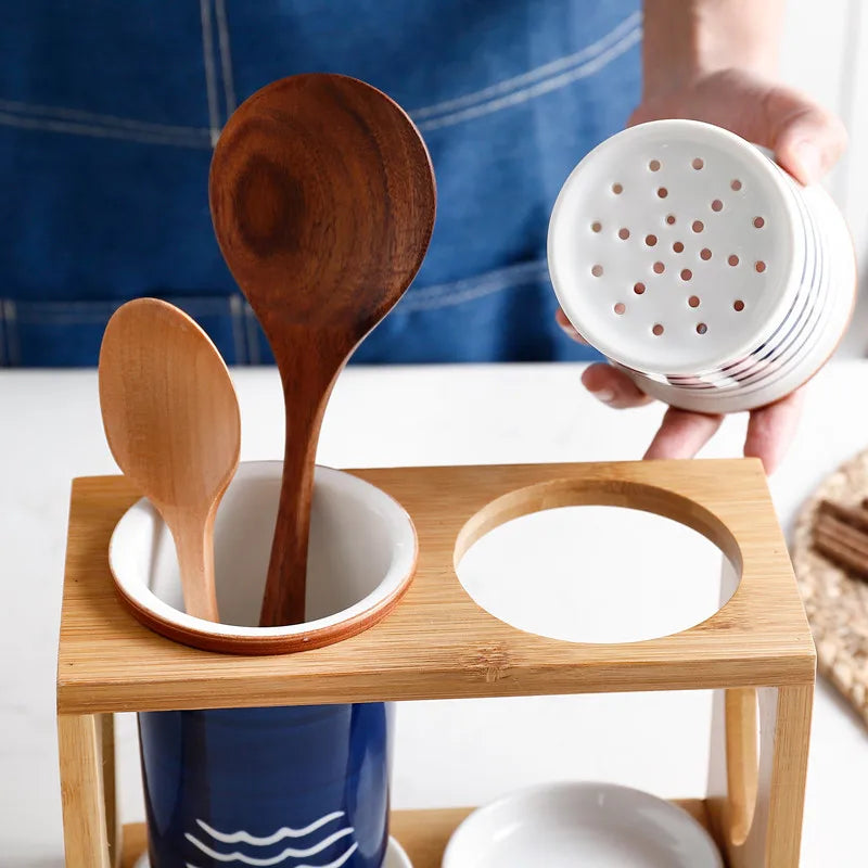 Japonês-estilo de cerâmica de bambu de madeira pauzinho titular rack de drenagem duplo barril chopstick gaiola cozinha do agregado familiar caixa de armazenamento rack