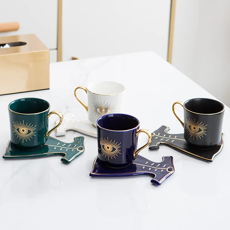 200ml olhos azuis turcos luxo xícara de café pires conjunto com mão e clothe forma prato otomano copo café cappuccino copo