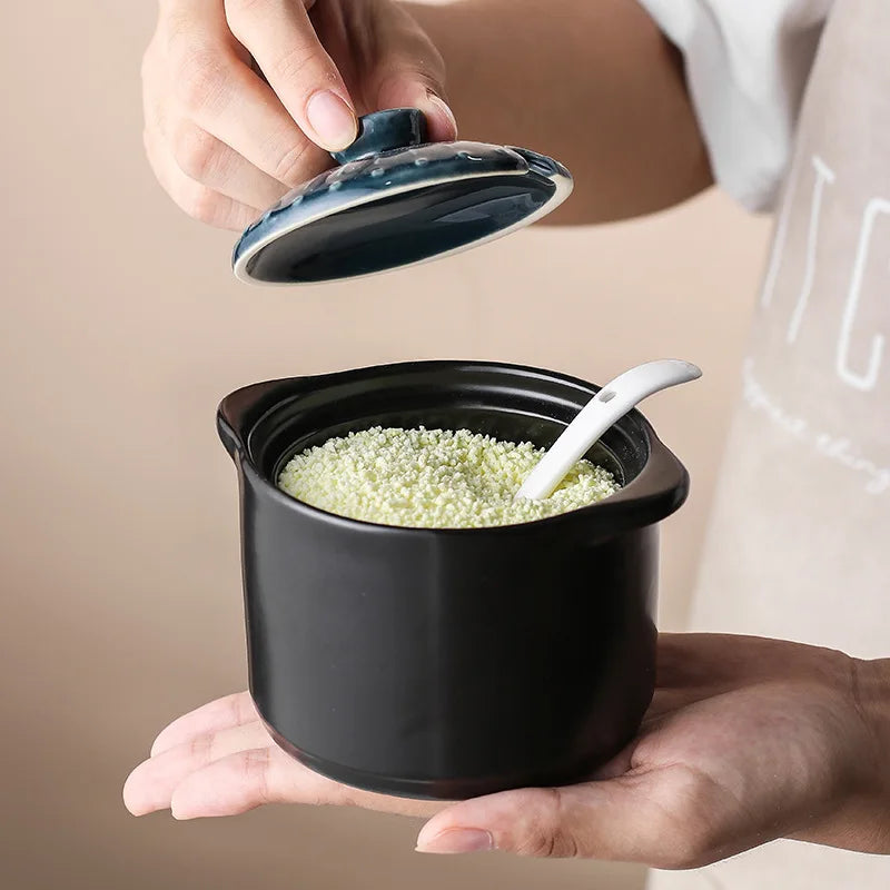 Preto cerâmica tempero tempero pote de três peças sal pimenta garrafa de cozinha recipiente de armazenamento de alimentos tigela de açúcar caixa de tempero