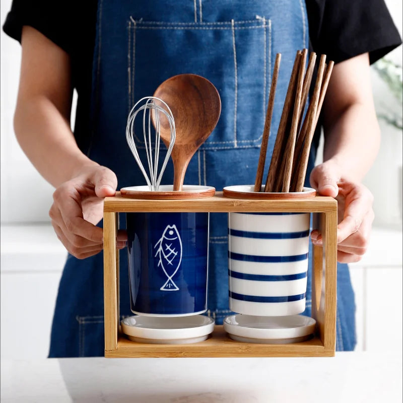 Japonês-estilo de cerâmica de bambu de madeira pauzinho titular rack de drenagem duplo barril chopstick gaiola cozinha do agregado familiar caixa de armazenamento rack