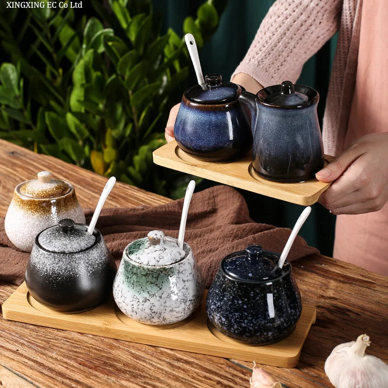Tanque de armazenamento de cerâmica japonesa retrô para tempero de casa conjunto de garrafas de óleo tanque de sal restaurante comercial louça