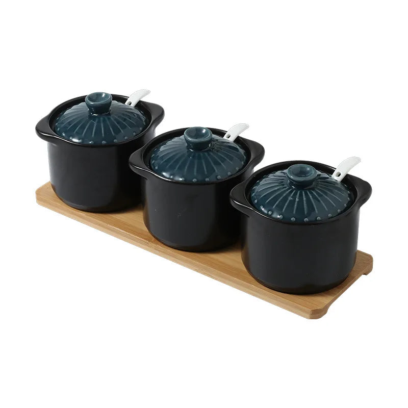 Preto cerâmica tempero tempero pote de três peças sal pimenta garrafa de cozinha recipiente de armazenamento de alimentos tigela de açúcar caixa de tempero