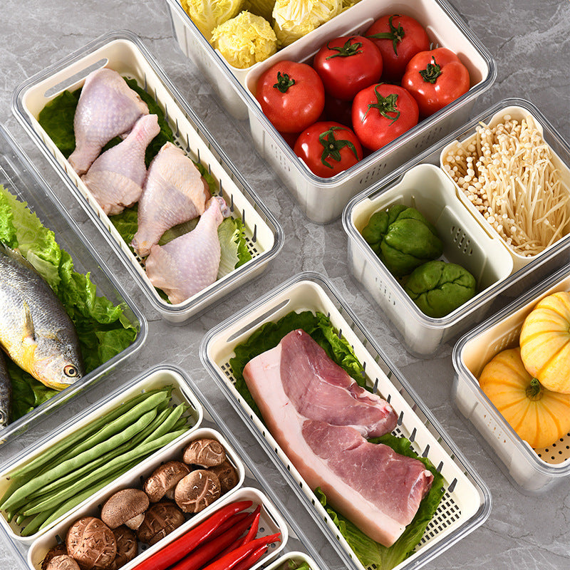 Caixa Organizadora de Geladeira Armário e Cozinha com Grade, Organizador de Cozinha, Organizador de Geladeira, Pote com Grade para Escoar, Caixa Transparente para Geladeira,Caixa para Armazenamento de Alimentos, Pote para Alimentos com Divisórias, Potes Transparentes para Geladeira, Loja Comprinha do Futuro