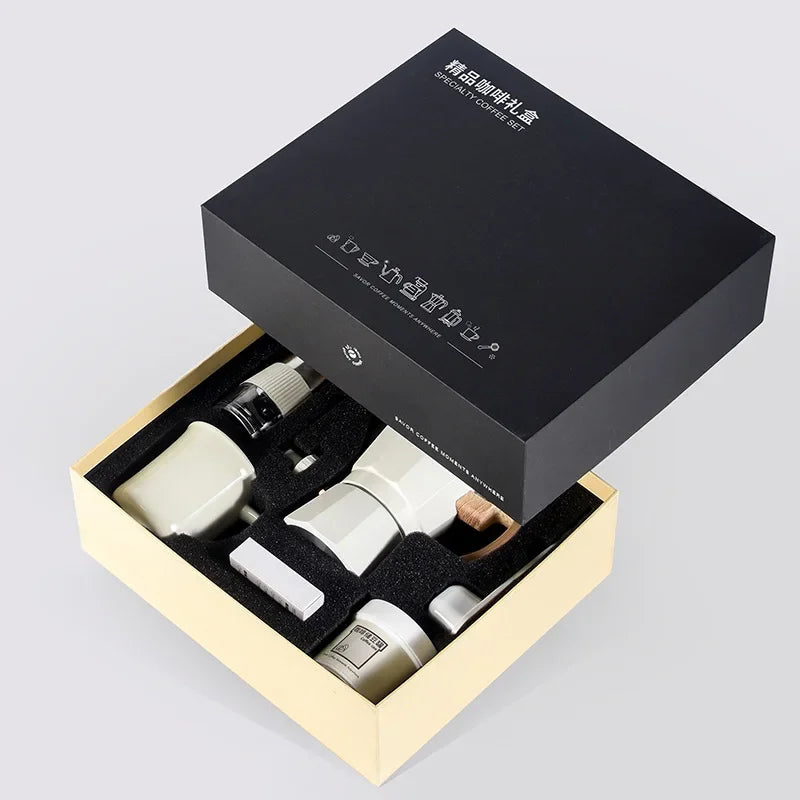 Conjunto de cafeteira moedor de mão, conjunto de moedor de mão caixa de presente, pote moka conjunto de 6 peças, com copo, lixeira de feijão, papel de filtro e colher de escova de feijão