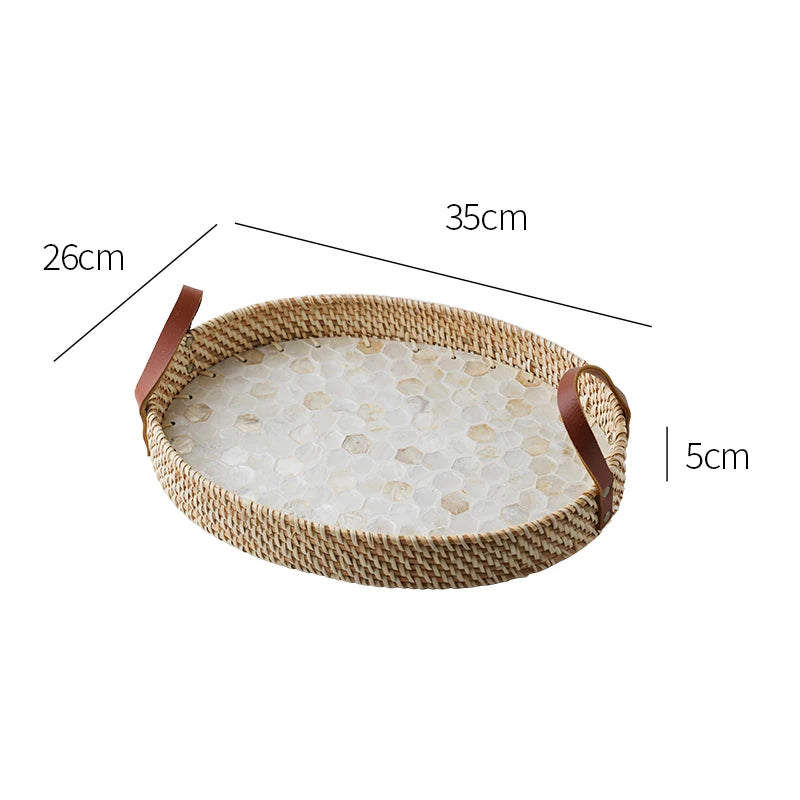 Ahunderjiaz-cesta de armazenamento retrô de rattan, bandeja criativa de concha natural com alças de couro, ornamentos de mesa para casa e sala de estar