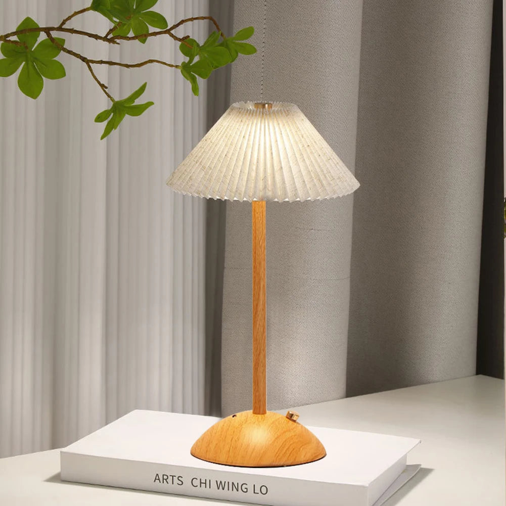 Portátil LED Desk Lamp com Base de Madeira, Pequeno Candeeiro De Mesa, Tecido Sombra, Regulável, Toque, Recarregável, Sala De Estar, Dormitório, Casa, Escritório