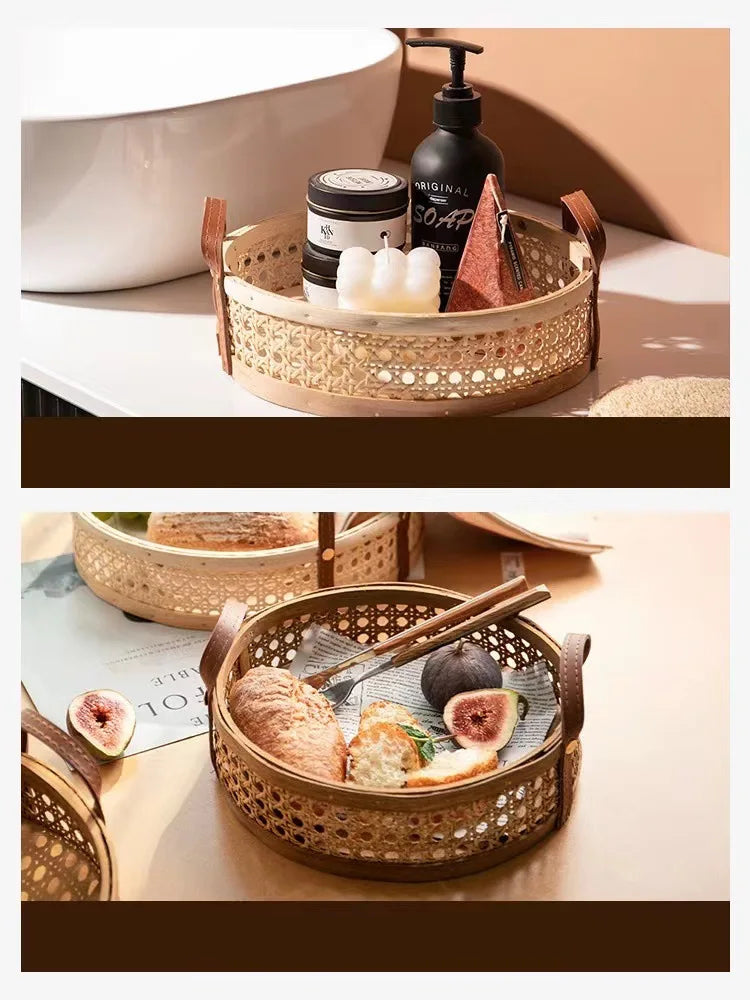 Estilo nórdico rattan tecido coleção bandeja cesta alça de couro pequena cesta circular aromaterapia conjunto chá cesta pão