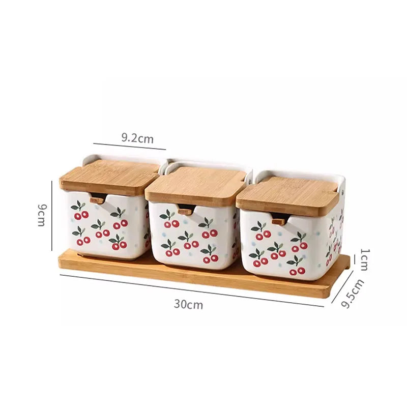 Conjunto de potes de tempero de cerâmica, caixa quadrada de armazenamento de cereja, sal, açúcar, pimenta, molho de soja, garrafa de vinagre, utensílios de cozinha, novo