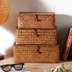 Handmade Woven Seaweed Storage Basket com Tampa, Caixa De Acabamento, Organizador Do Armário, Banho Diversos, Recipiente De Toalha Cosmética