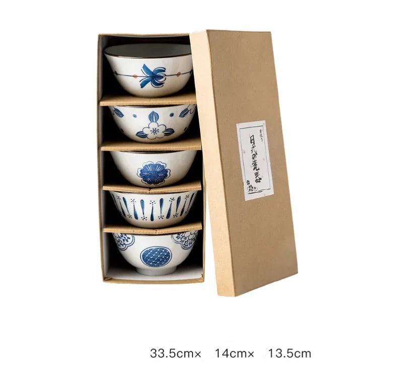 4.5 polegadas tigela de cerâmica tigela cozinha talheres conjunto tigela estilo japonês personalizado tigela arroz vintage padrão caixa presente 5 pçs