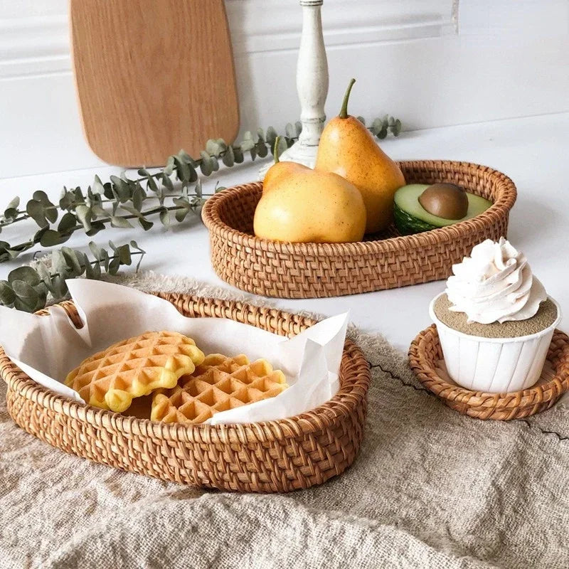 Novo handwoven redondo rattan vime cesta de frutas chá lanche pão bandeja piquenique lanches caixa armazenamento cozinha suprimentos cesta bandeja frutas