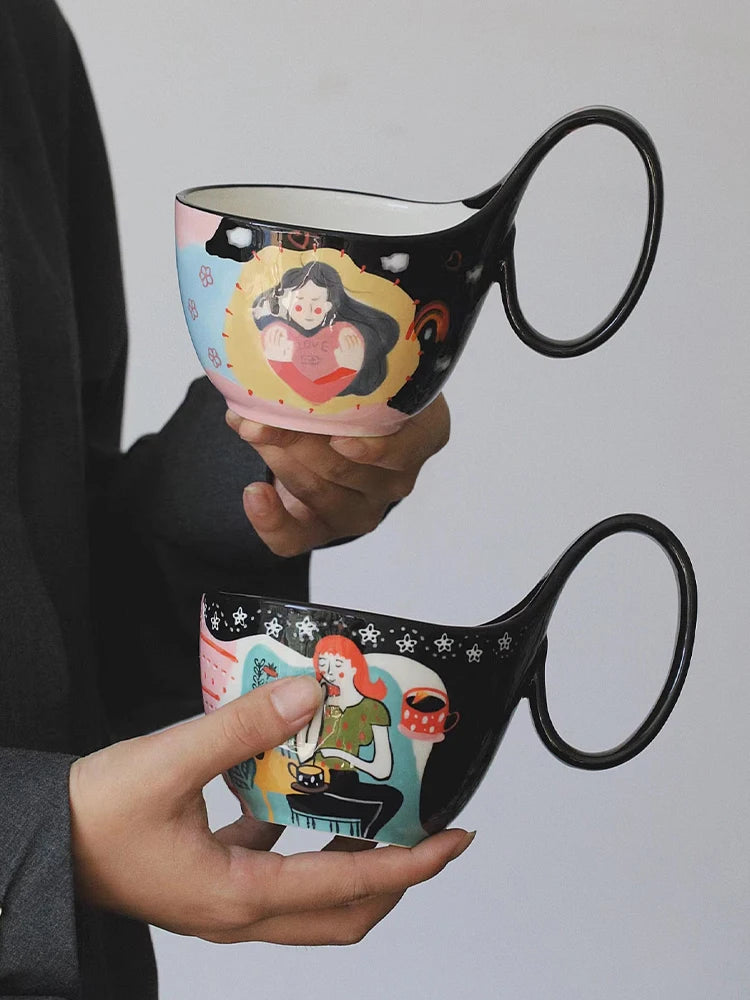 Caneca bonita cerâmica retro francesa, Copos de aveia, Xícara de café do casal, Casa bebendo utensílios, Home Drinkware Set, 400ml, 2024