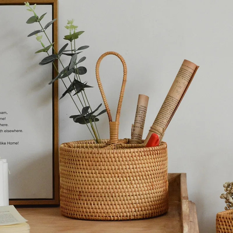 Caixa De Armazenamento De Rattan Artesanal Para Sala De Estar, Cesta De Mesa De Café, Top De Vinho Tinto, Rack De Armazenamento, Decoração De Mobiliário Doméstico