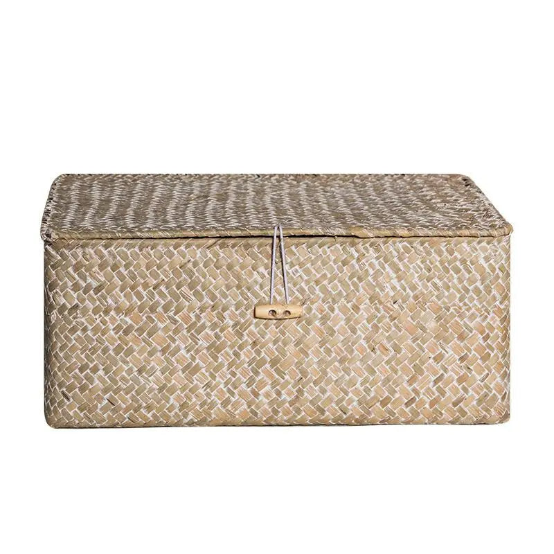 Handmade Woven Seaweed Storage Basket com Tampa, Caixa De Acabamento, Organizador Do Armário, Banho Diversos, Recipiente De Toalha Cosmética
