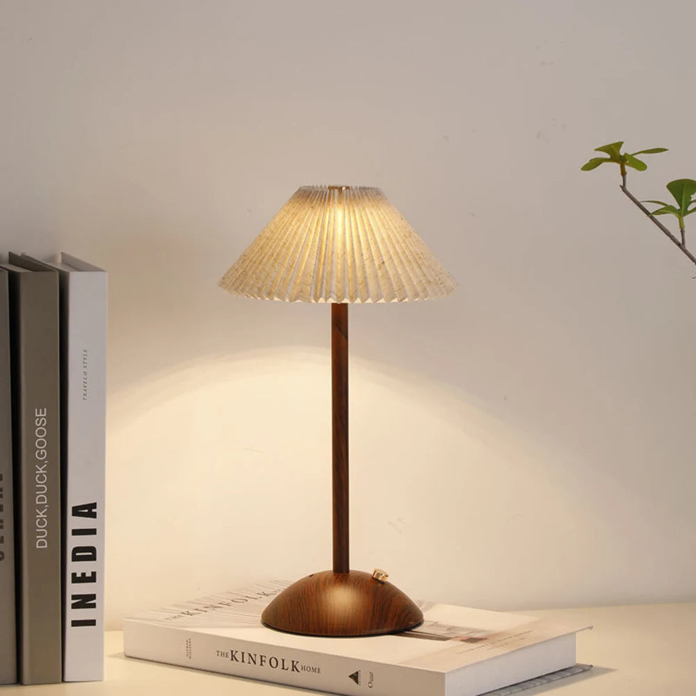 Portátil LED Desk Lamp com Base de Madeira, Pequeno Candeeiro De Mesa, Tecido Sombra, Regulável, Toque, Recarregável, Sala De Estar, Dormitório, Casa, Escritório