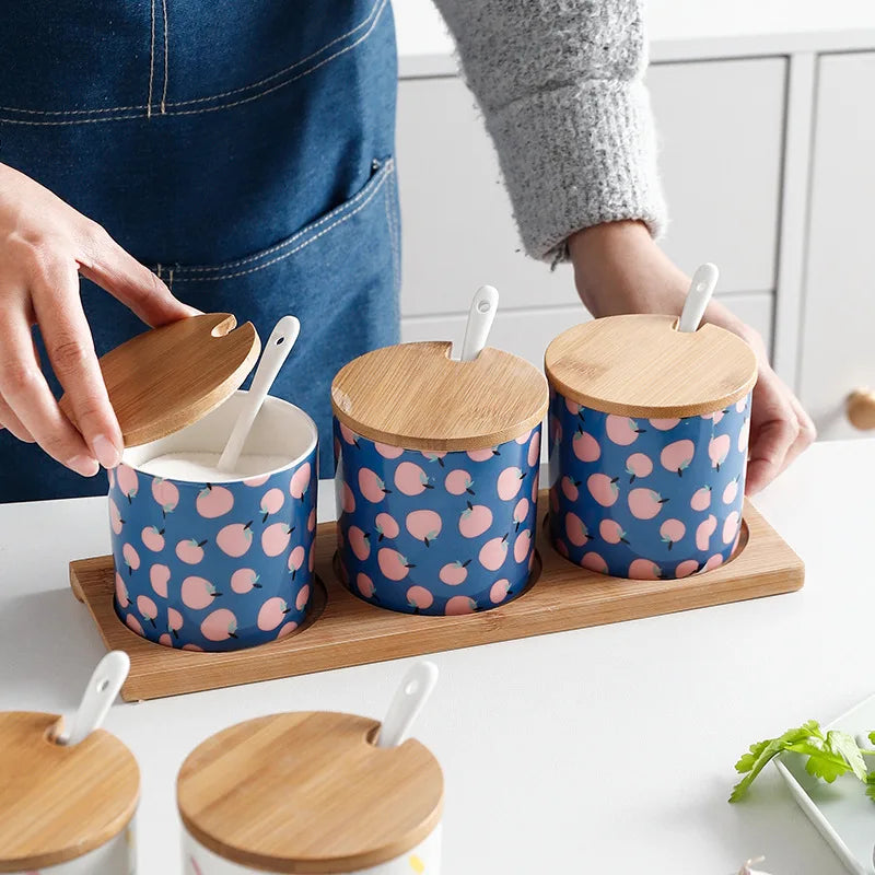 Criativo dos desenhos animados pintados de cerâmica tempero conjunto frasco de porcelana sal frasco de açúcar grão tanque spice pepper caixa de armazenamento recipiente de alimentos
