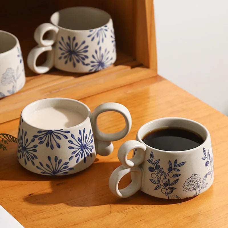 Copo de café cerâmico criativo, caneca azul e branca da ânfora, caneca da aveia do leite do café da manhã, chávena inglesa da camélia da tarde, 350ml