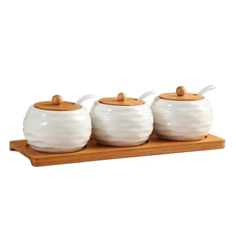Cerâmica tempero pote tempero caixa bandeja de madeira tempero garrafa de açúcar tigela de sal do agregado familiar com colher suprimentos cozinha
