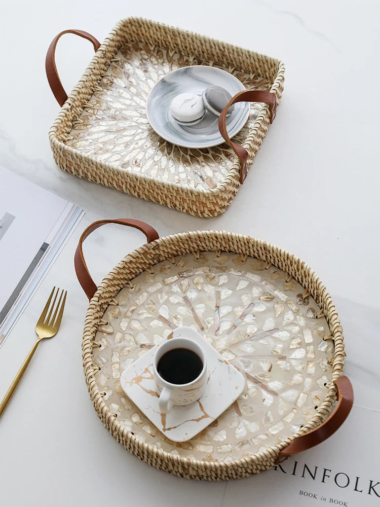 Ahunderjiaz-cesta de armazenamento retrô de rattan, bandeja criativa de concha natural com alças de couro, ornamentos de mesa para casa e sala de estar