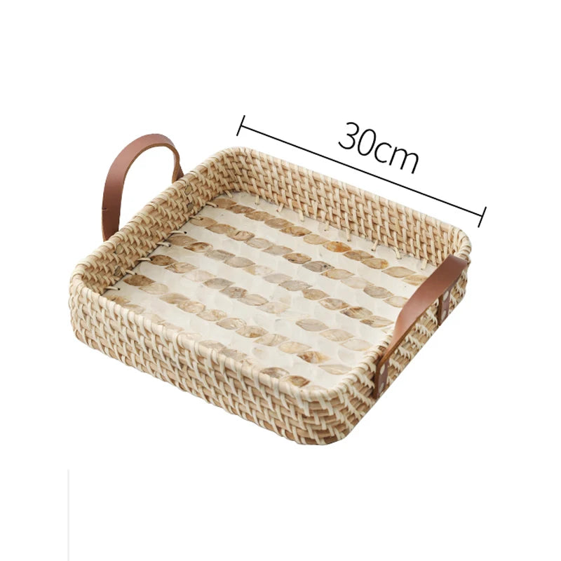 Ahunderjiaz-cesta de armazenamento retrô de rattan, bandeja criativa de concha natural com alças de couro, ornamentos de mesa para casa e sala de estar