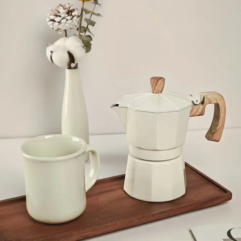 Conjunto de cafeteira moedor de mão, conjunto de moedor de mão caixa de presente, pote moka conjunto de 6 peças, com copo, lixeira de feijão, papel de filtro e colher de escova de feijão