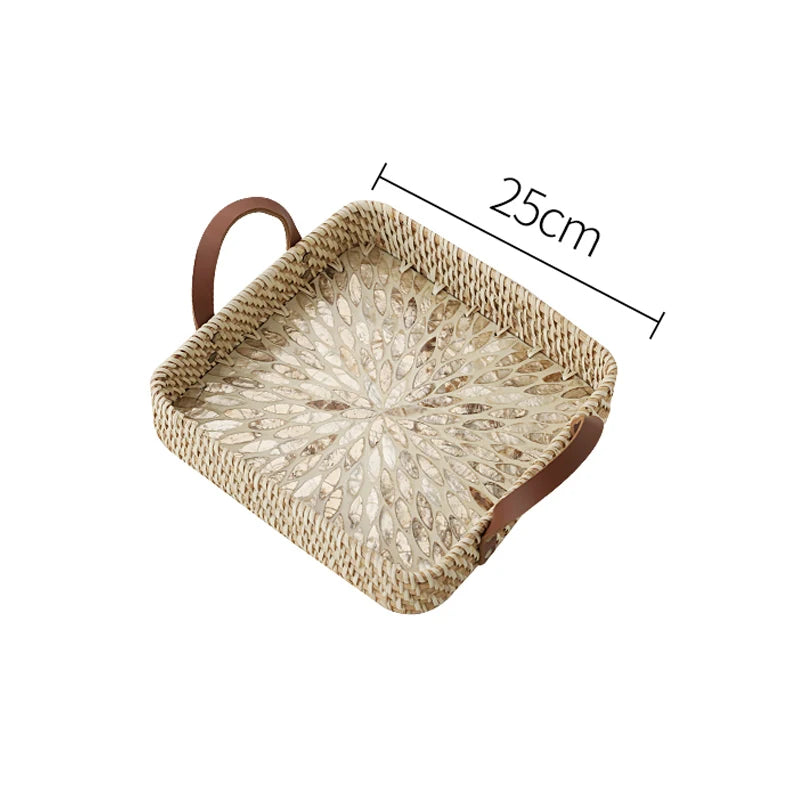 Ahunderjiaz-cesta de armazenamento retrô de rattan, bandeja criativa de concha natural com alças de couro, ornamentos de mesa para casa e sala de estar