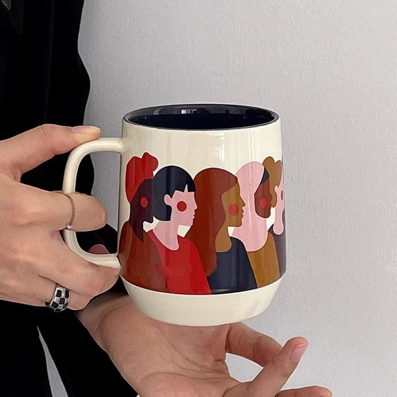 Ahunderjiaz-Retro Contrastando Caneca, Character Print, Grande Capacidade Copos De Café, Pequeno Prato De Jantar, Cozinha Conjunto De Bebidas