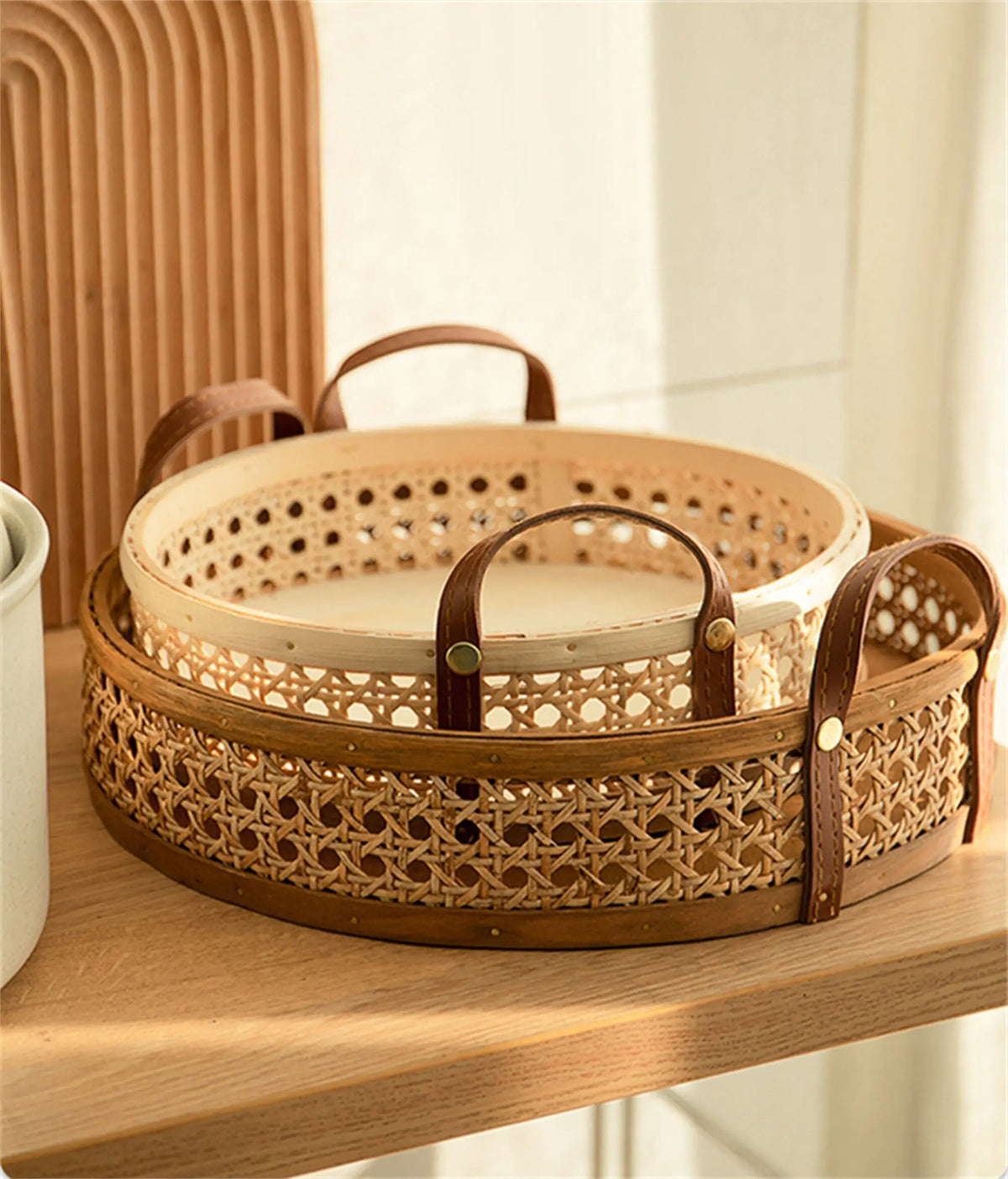 Estilo nórdico rattan tecido coleção bandeja cesta alça de couro pequena cesta circular aromaterapia conjunto chá cesta pão