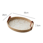 Ahunderjiaz-cesta de armazenamento retrô de rattan, bandeja criativa de concha natural com alças de couro, ornamentos de mesa para casa e sala de estar