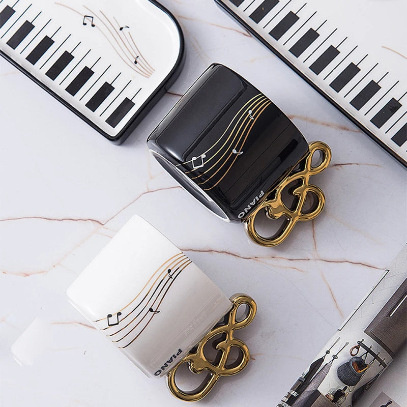 Xícara de café cerâmica europeia com pires, caneca latte caseira, leite matinal delicado, caneca de aveia, piano tecla preta e branca, 200ml