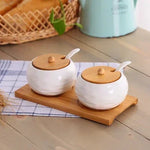 Cerâmica tempero pote tempero caixa bandeja de madeira tempero garrafa de açúcar tigela de sal do agregado familiar com colher suprimentos cozinha