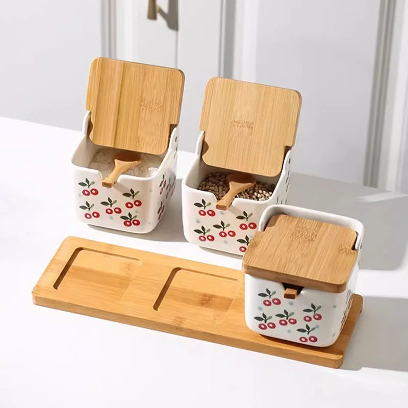 Conjunto de potes de tempero de cerâmica, caixa quadrada de armazenamento de cereja, sal, açúcar, pimenta, molho de soja, garrafa de vinagre, utensílios de cozinha, novo