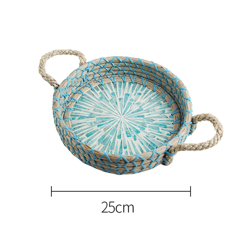 Ahunderjiaz-cesta de armazenamento retrô de rattan, bandeja criativa de concha natural com alças de couro, ornamentos de mesa para casa e sala de estar