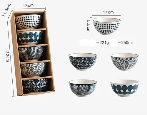 4.5 polegadas tigela de cerâmica tigela cozinha talheres conjunto tigela estilo japonês personalizado tigela arroz vintage padrão caixa presente 5 pçs