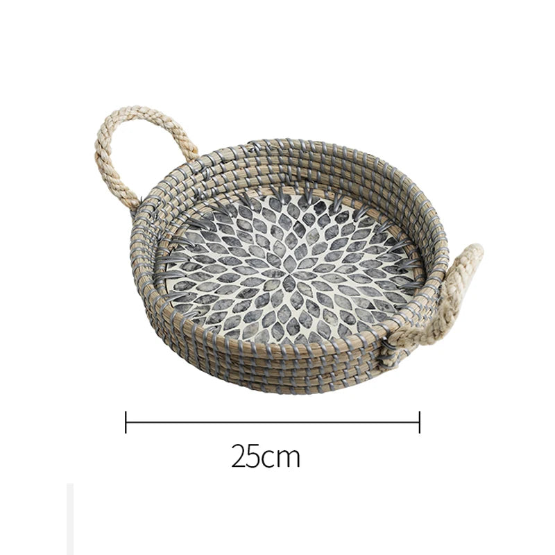 Ahunderjiaz-cesta de armazenamento retrô de rattan, bandeja criativa de concha natural com alças de couro, ornamentos de mesa para casa e sala de estar