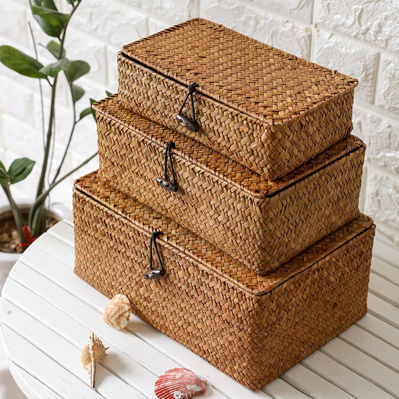 Handmade Woven Seaweed Storage Basket com Tampa, Caixa De Acabamento, Organizador Do Armário, Banho Diversos, Recipiente De Toalha Cosmética