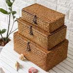 Handmade Woven Seaweed Storage Basket com Tampa, Caixa De Acabamento, Organizador Do Armário, Banho Diversos, Recipiente De Toalha Cosmética