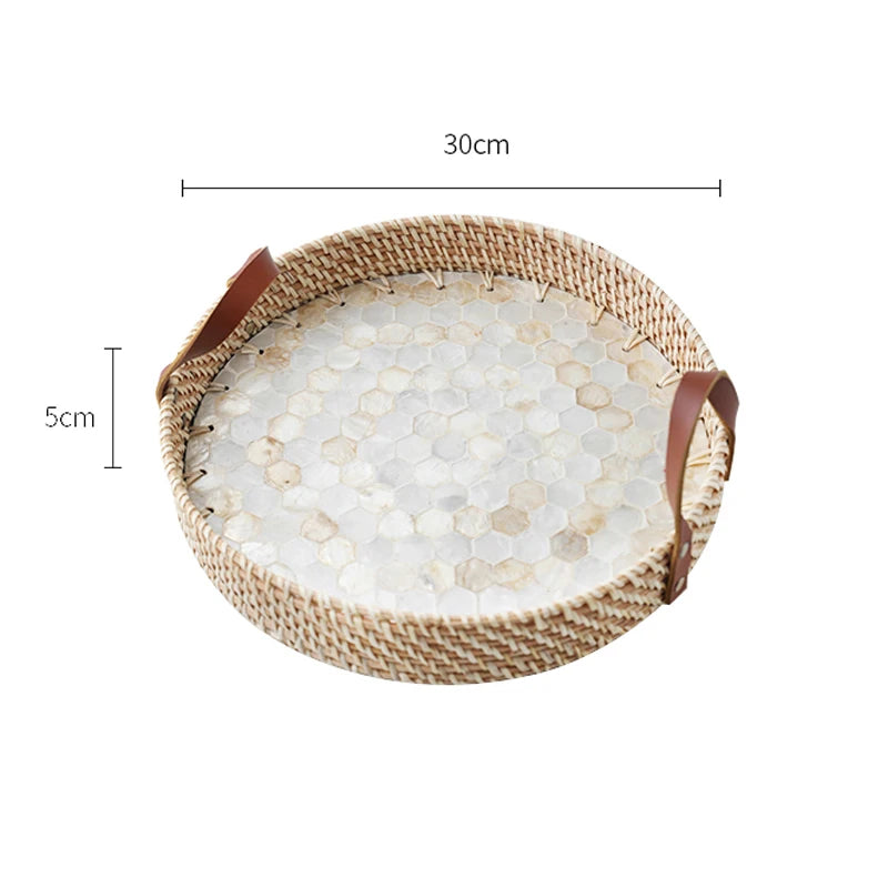 Ahunderjiaz-cesta de armazenamento retrô de rattan, bandeja criativa de concha natural com alças de couro, ornamentos de mesa para casa e sala de estar
