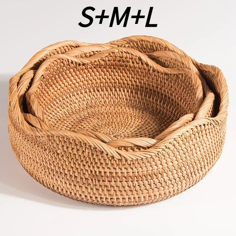 Novo handwoven redondo rattan vime cesta de frutas chá lanche pão bandeja piquenique lanches caixa armazenamento cozinha suprimentos cesta bandeja frutas
