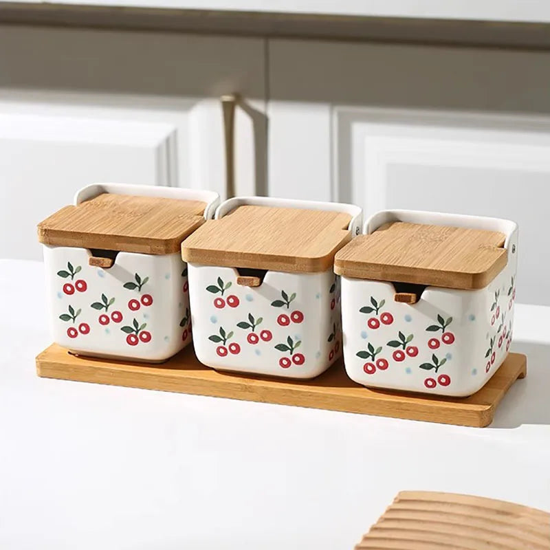 Conjunto de potes de tempero de cerâmica, caixa quadrada de armazenamento de cereja, sal, açúcar, pimenta, molho de soja, garrafa de vinagre, utensílios de cozinha, novo
