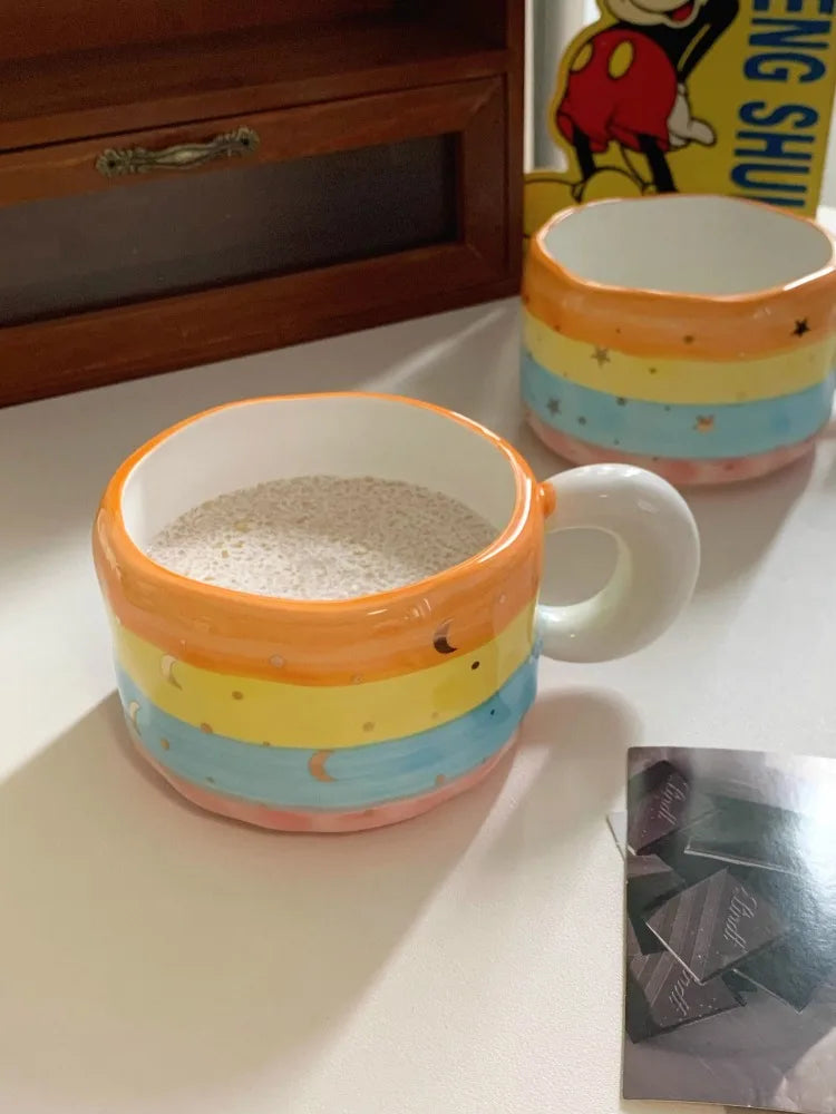 Ahunderjiaz-Cartoon Rainbow Caneca De Cerâmica, Grande Capacidade, Copos Domésticos, Conjunto De Bebidas De Cozinha, Decoração De Casa