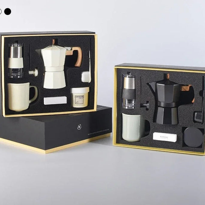 Conjunto de cafeteira moedor de mão, conjunto de moedor de mão caixa de presente, pote moka conjunto de 6 peças, com copo, lixeira de feijão, papel de filtro e colher de escova de feijão