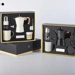 Conjunto de cafeteira moedor de mão, conjunto de moedor de mão caixa de presente, pote moka conjunto de 6 peças, com copo, lixeira de feijão, papel de filtro e colher de escova de feijão
