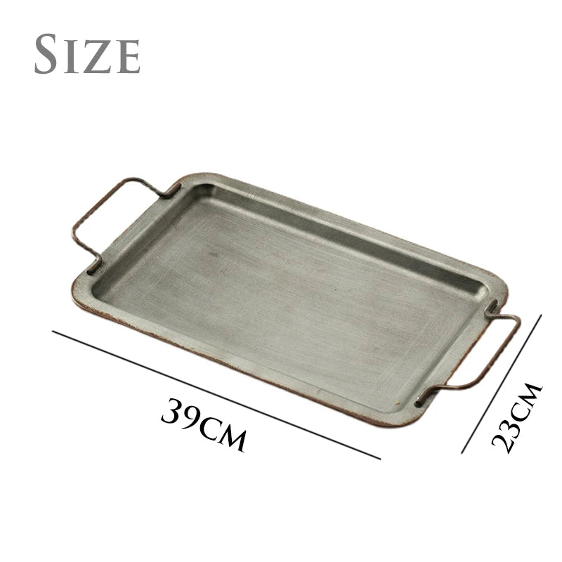 Bandeja retro do armazenamento do ferro forjado do metal com punho, bandeja da sobremesa do pão, decoração clássica home, tiro suportes, novo